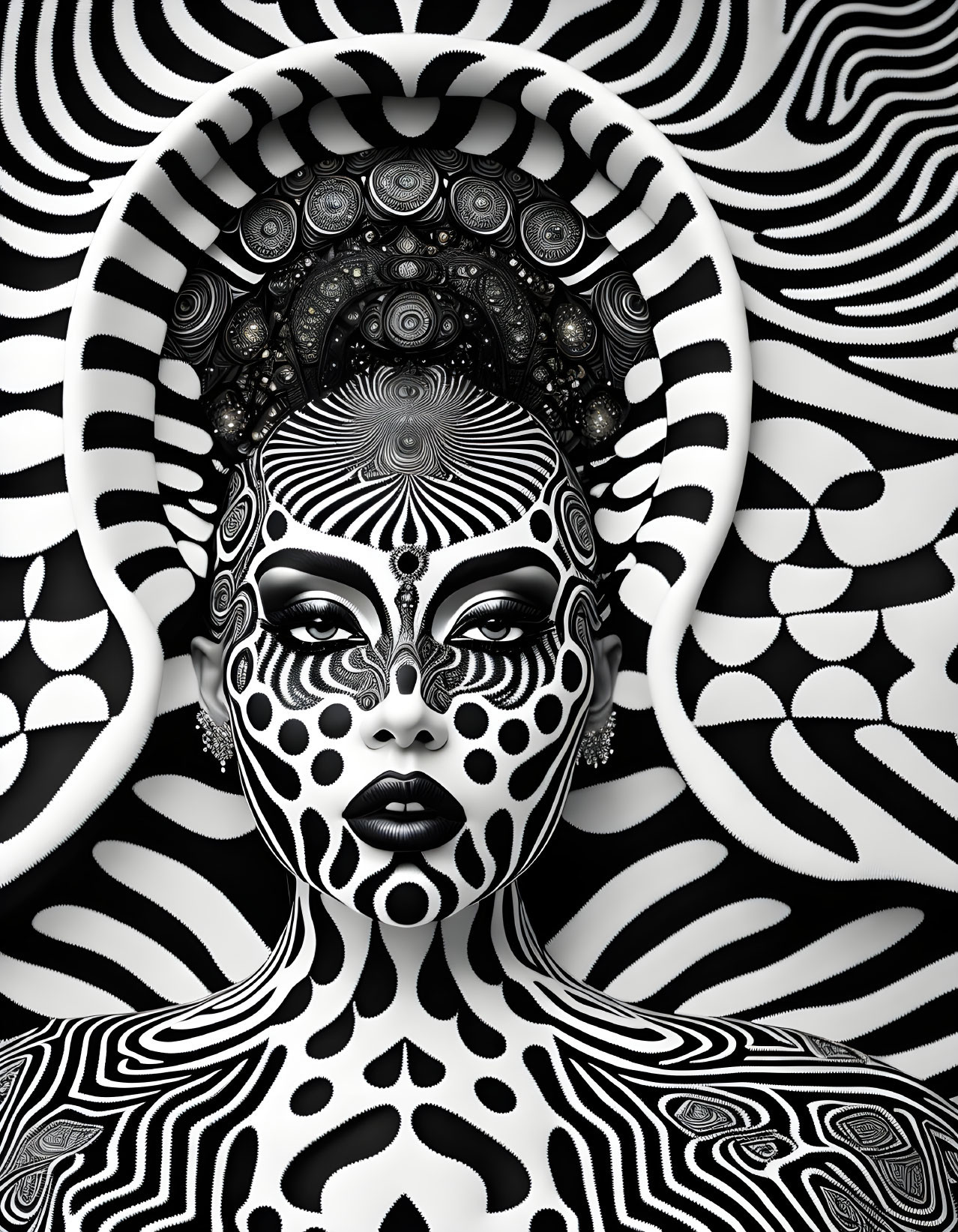 Monochromatic surreal image of woman with intricate patterns on face and body against swirling background