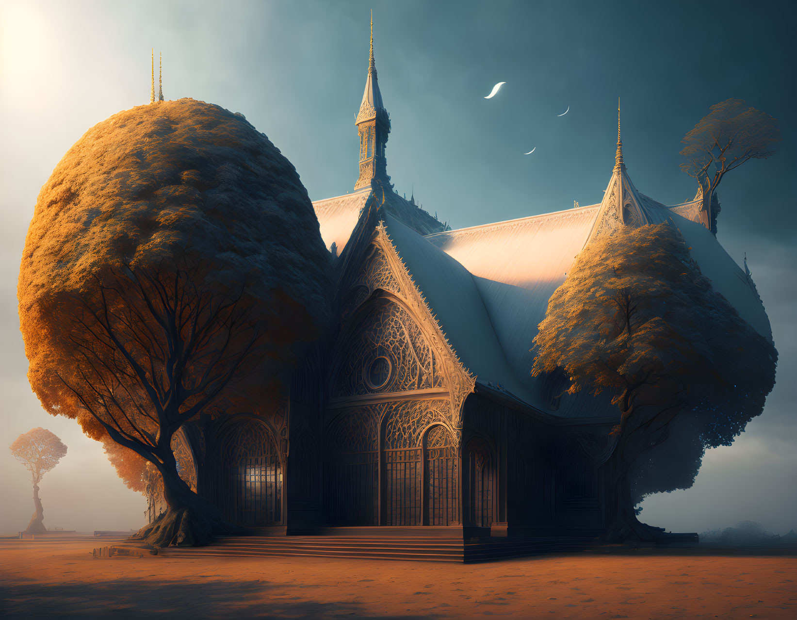 Gothic cathedral with towering spires and surreal trees under twilight sky