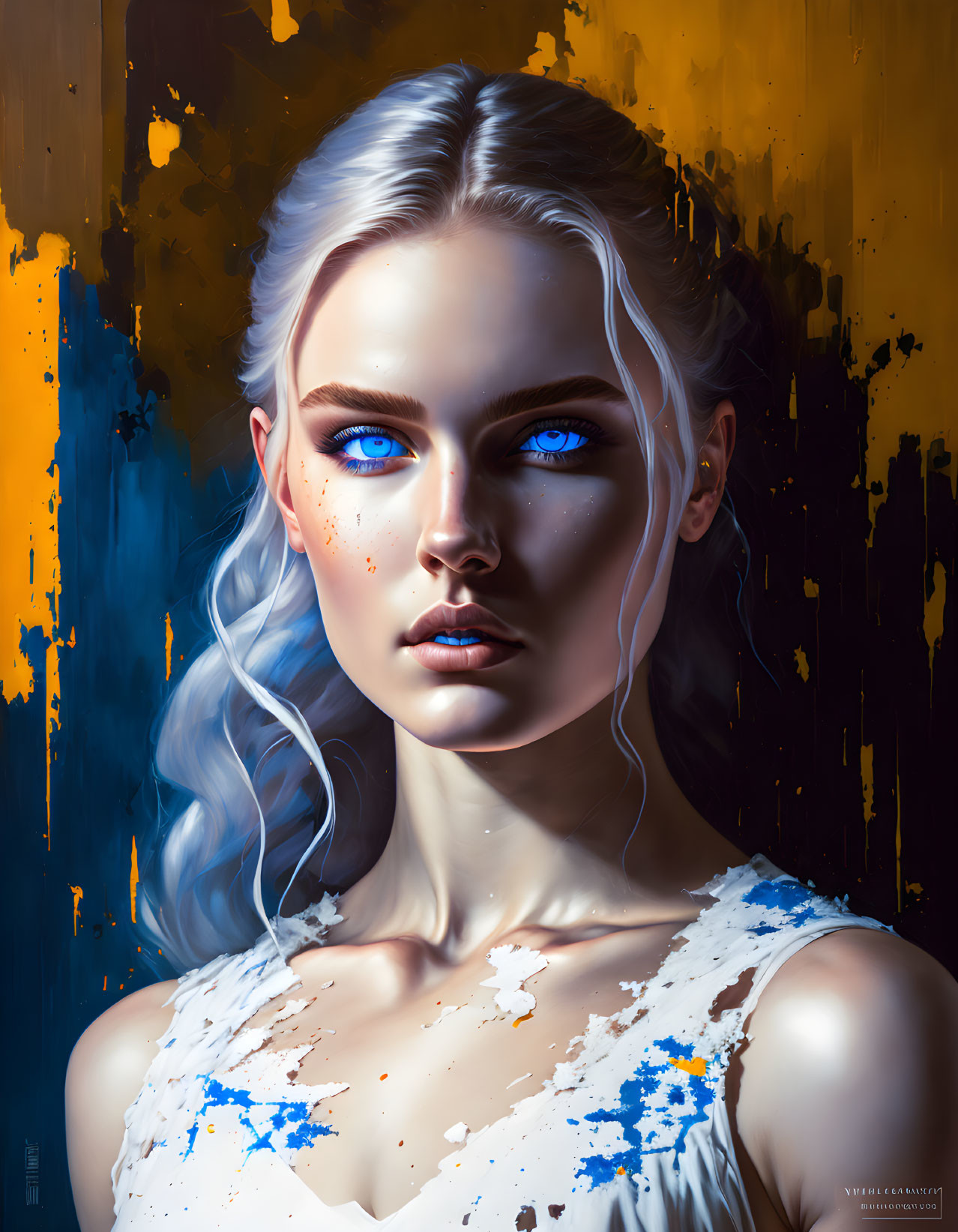 Digital portrait of woman with blue eyes, blonde hair, freckles, against abstract background