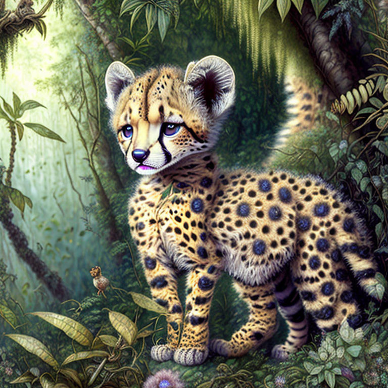 Whimsical cheetah cub in lush forest scene