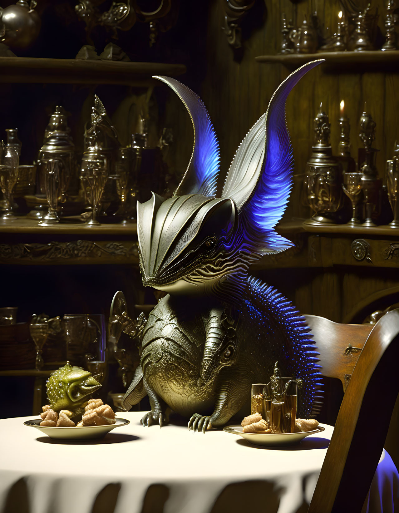 Iridescent winged creature at opulent dining table with antique cabinets