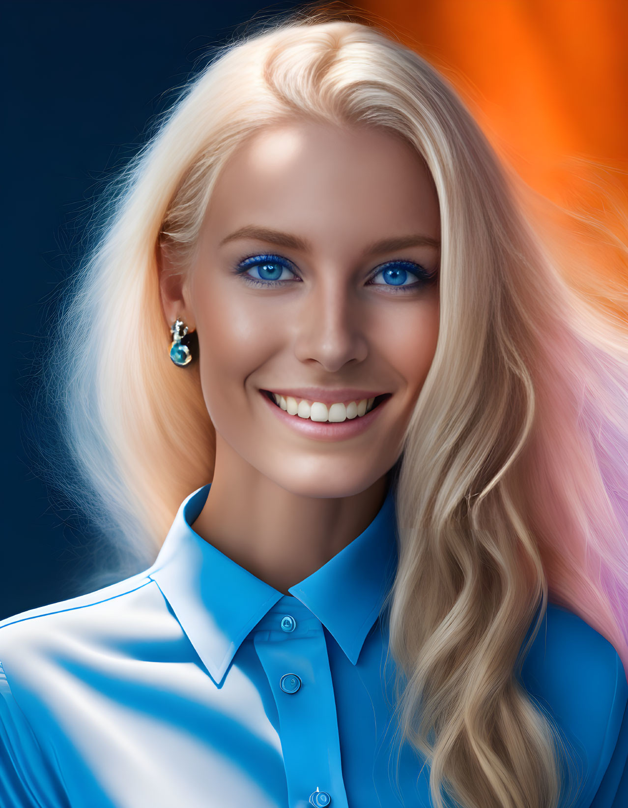 Smiling woman with blue eyes and blonde hair in blue shirt on blue and orange gradient.