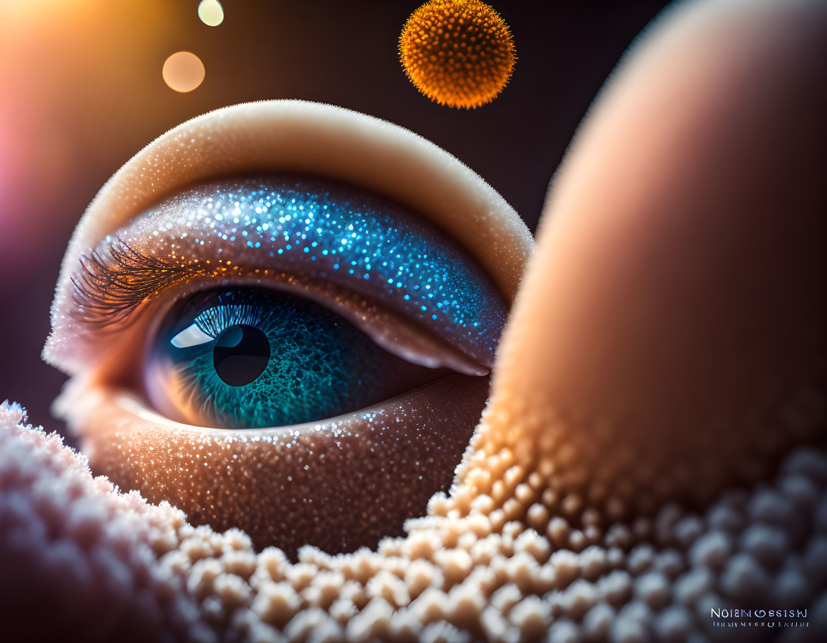 Detailed Stylized Blue Eye Close-Up with Spherical Textures and Glowing Orbs