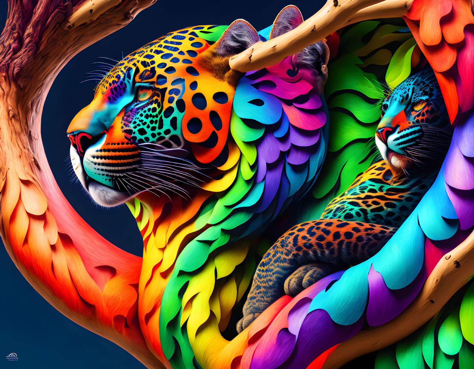 Colorful Stylized Jaguars on Rainbow Tree Branch