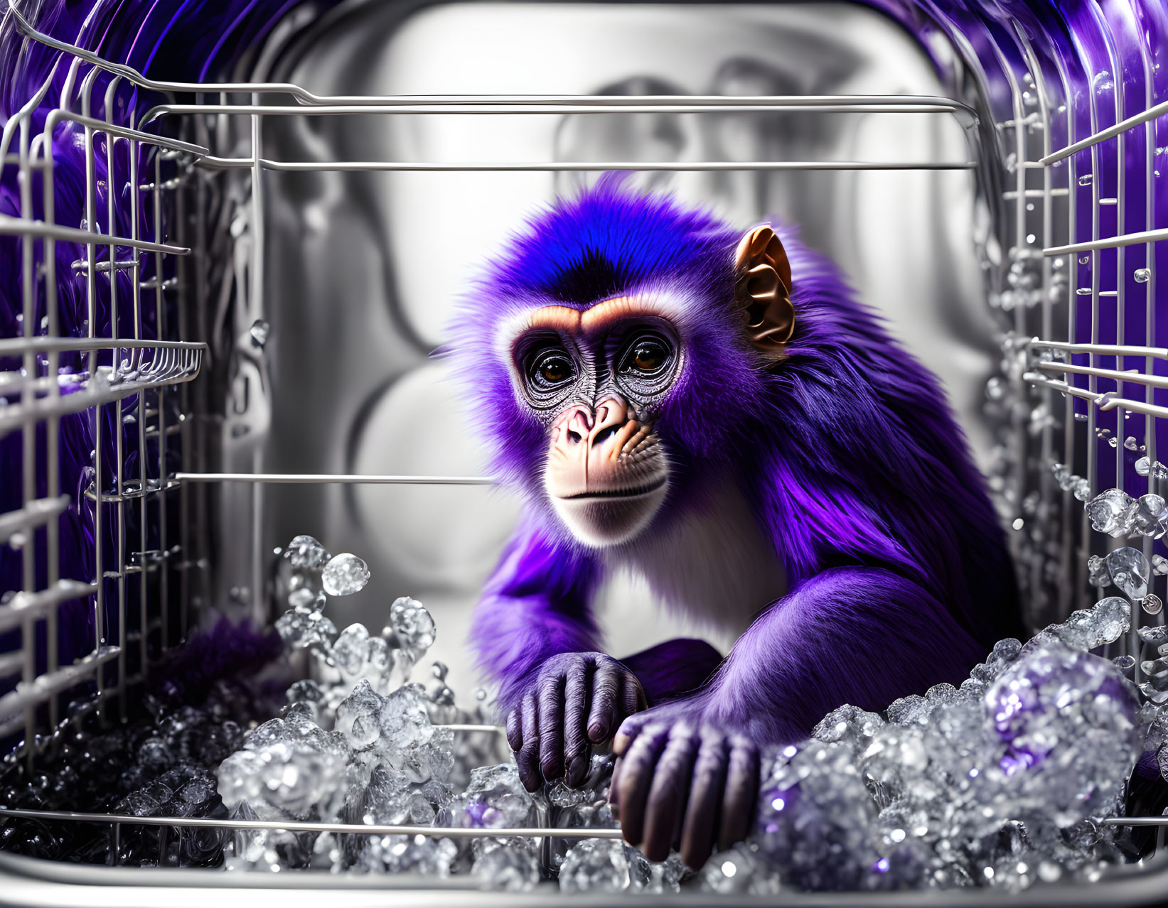 Purple monkey in dishwasher with clean dishes and glassware