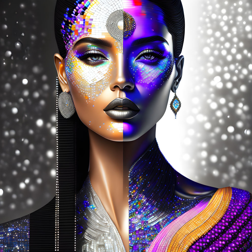 Digital artwork featuring dual-themed woman's face: natural human features vs. vibrant, cosmic stylized elements