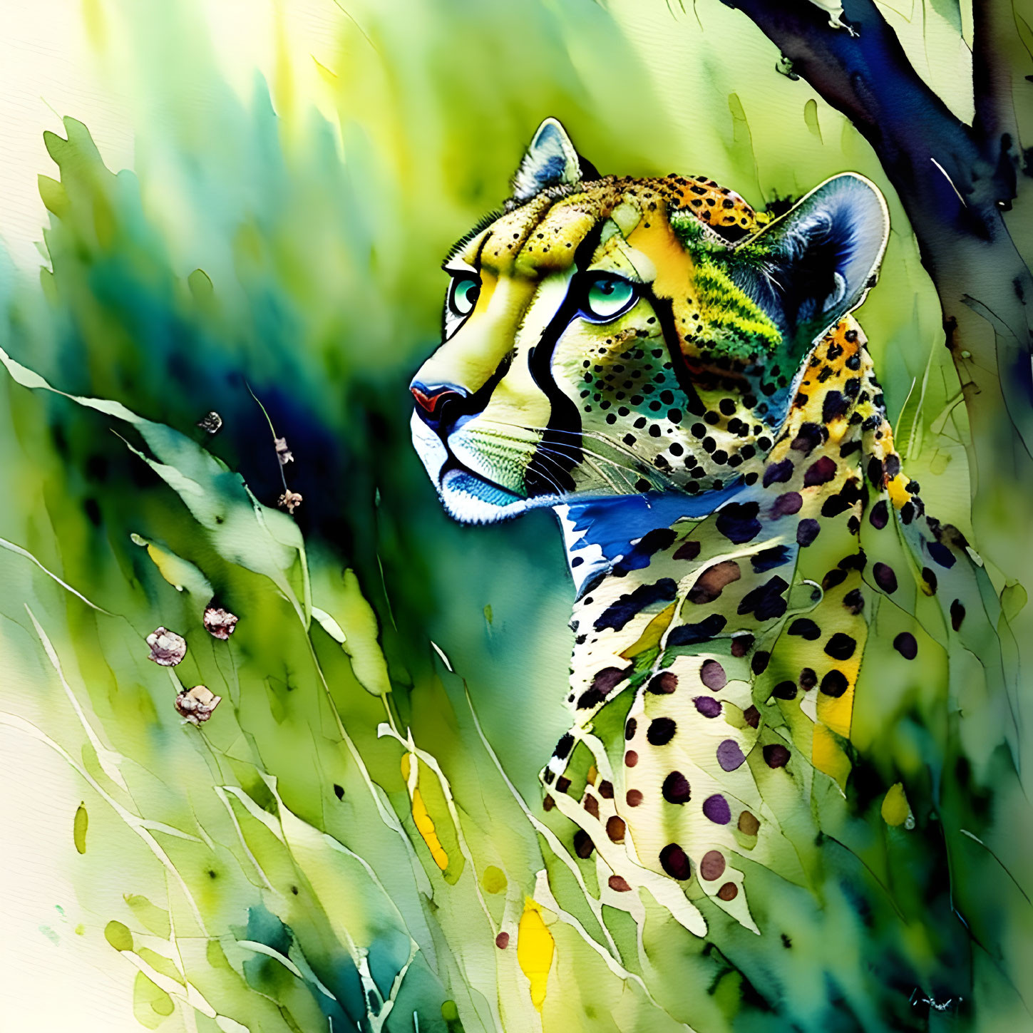 Vivid Watercolor Illustration of Leopard in Lush Green Jungle