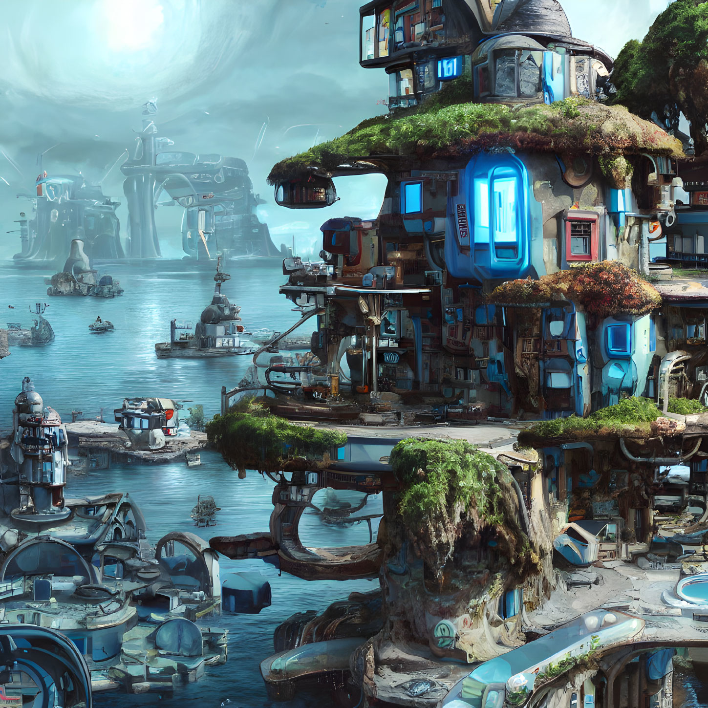 Futuristic aquatic cityscape with floating islands and high-tech buildings