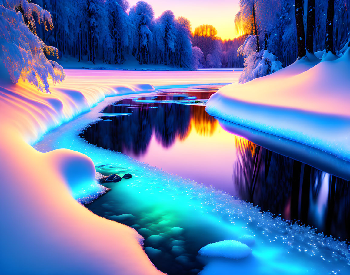 Serene winter landscape with neon colors and snow-covered riverbanks