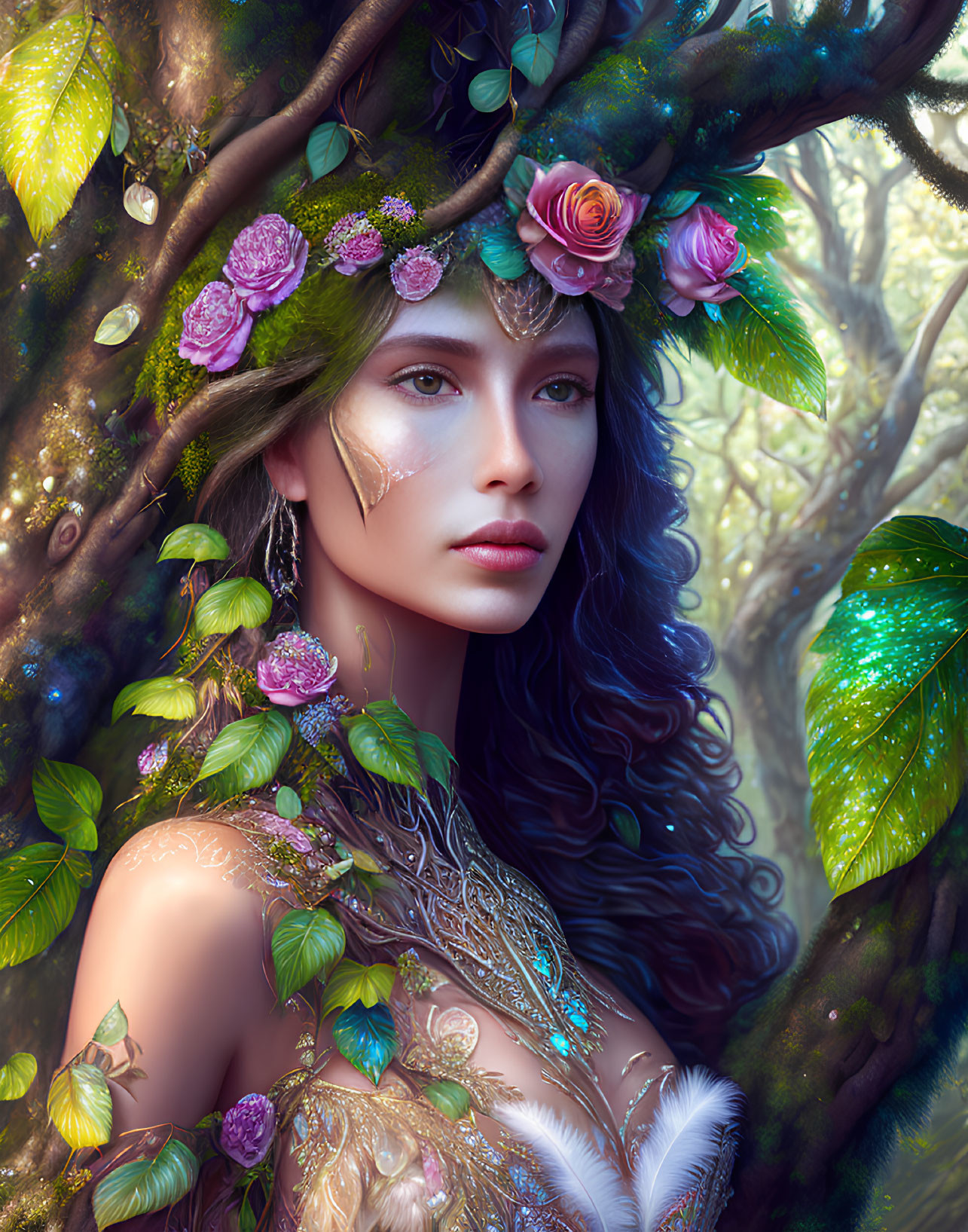 Fantasy portrait of a woman with floral crown and nature-inspired body art