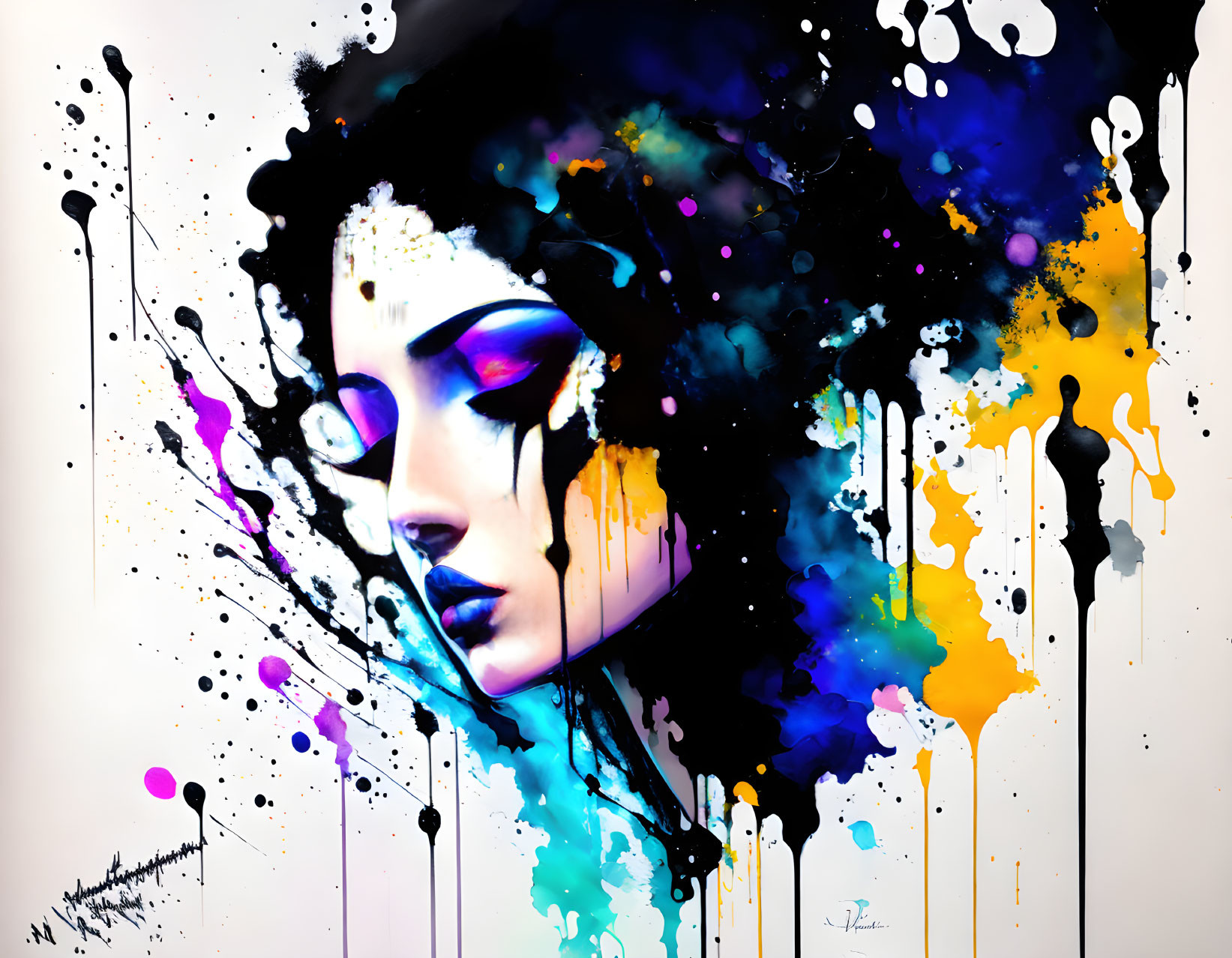 Colorful Woman's Profile Artwork with Cosmic Paint Motif