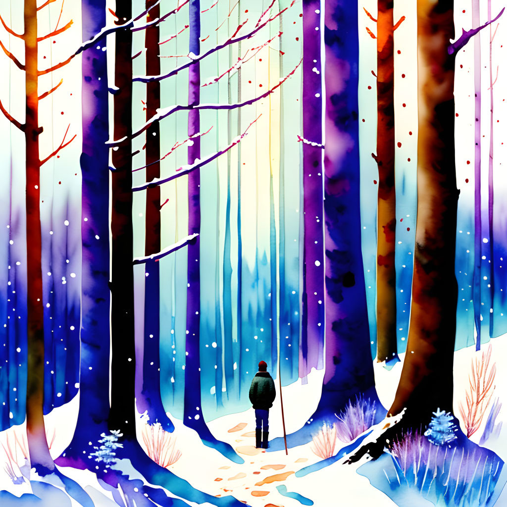 Vibrant snowy forest scene with colorful person illustration