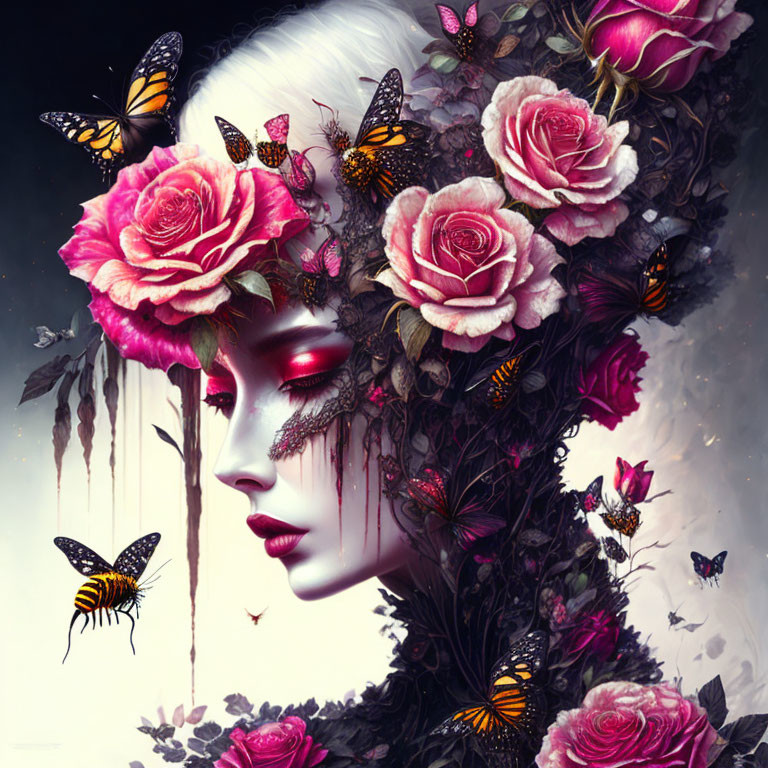 Surreal portrait of a woman with blooming roses and butterflies