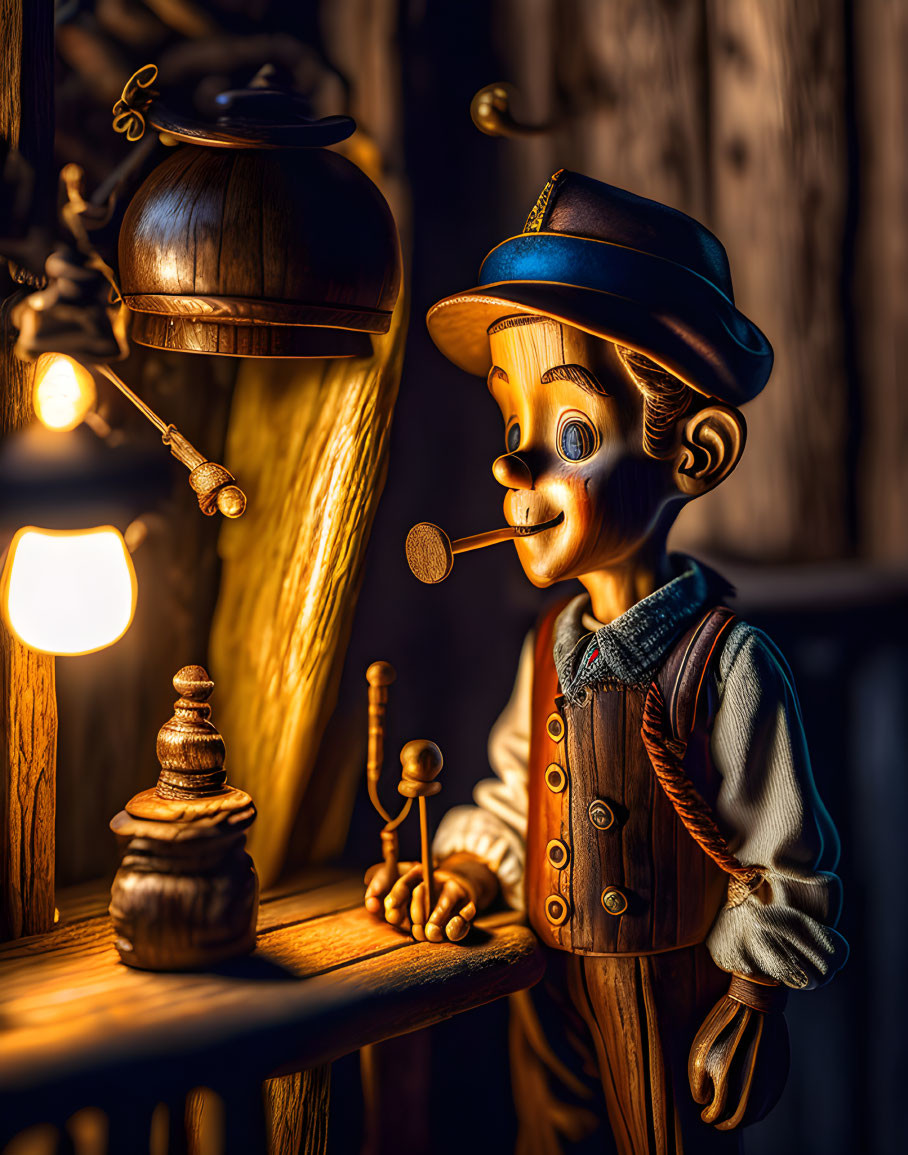 Wooden Pinocchio Puppet Making Espresso at Vintage Coffee Grinder