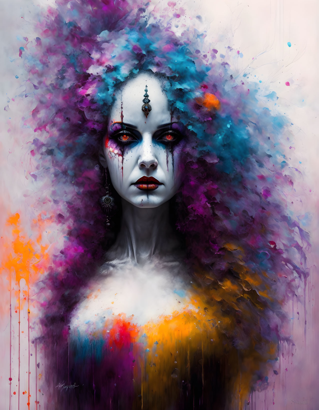 Colorful Artwork: Woman with Striking Makeup and Explosive Hair on Abstract Background