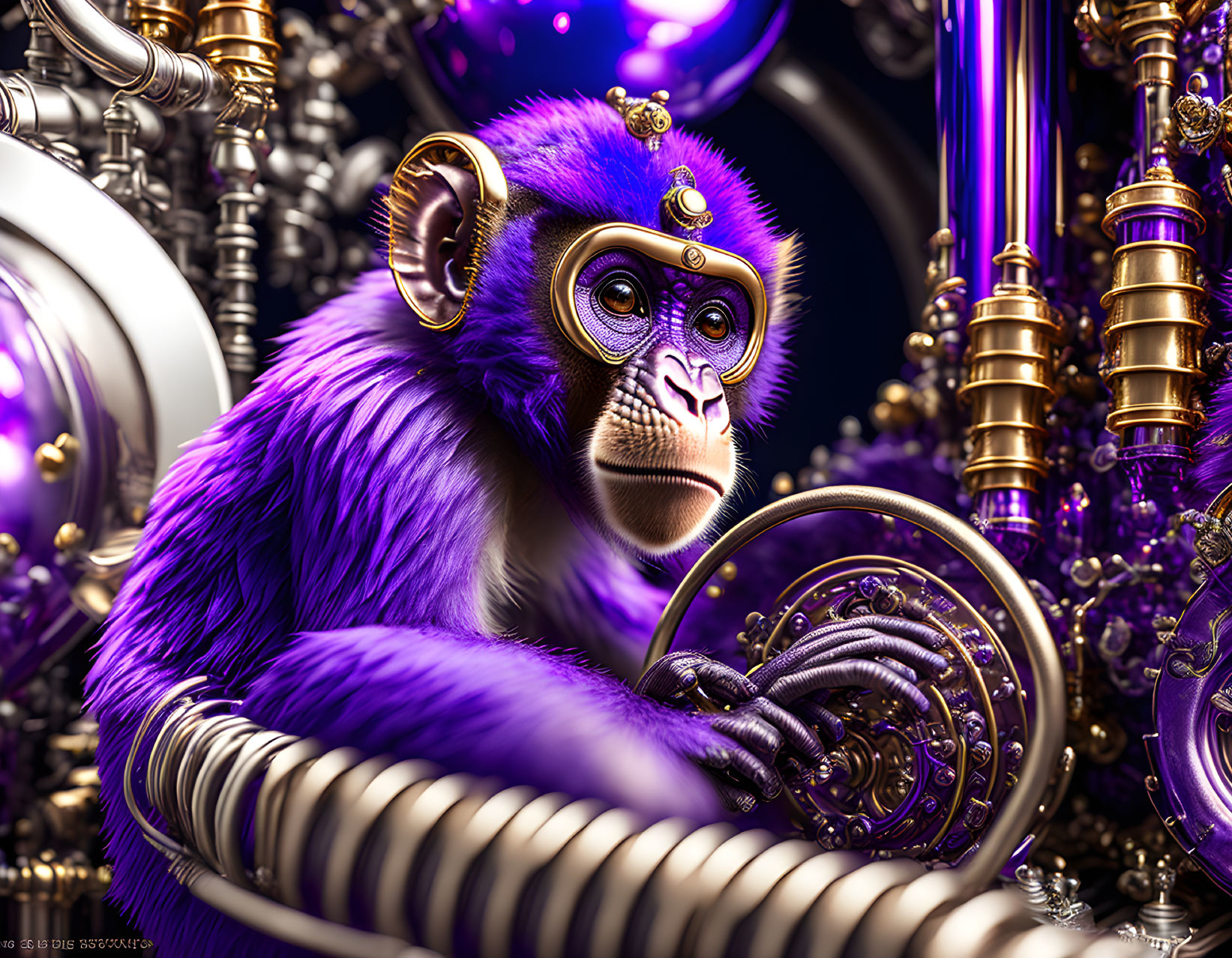 Purple steampunk monkey with golden ornaments in digital artwork