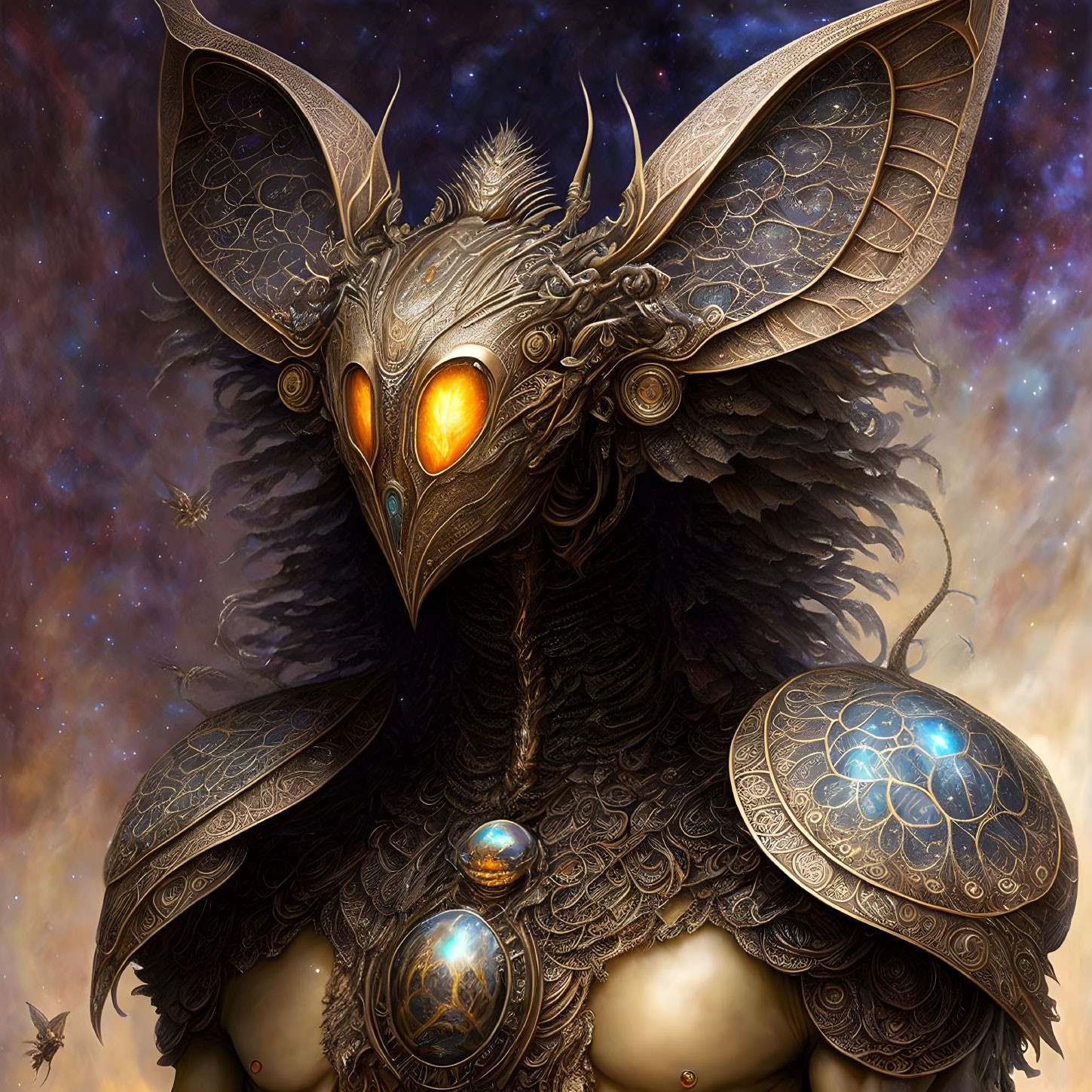 Detailed fantasy creature illustration with owl-like head and metallic armor on starry backdrop