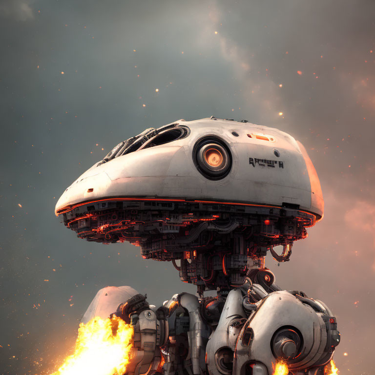 Futuristic robot in fiery explosion against cloudy sky