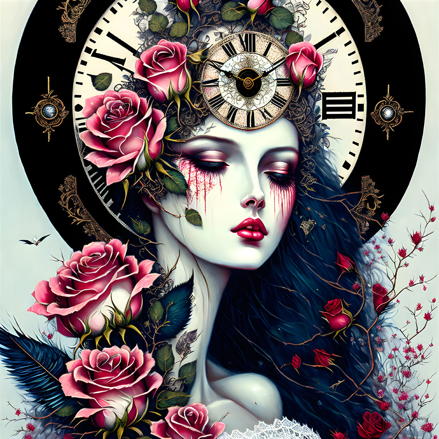 Surreal artwork featuring woman's face, roses, clock elements, and ornamental details