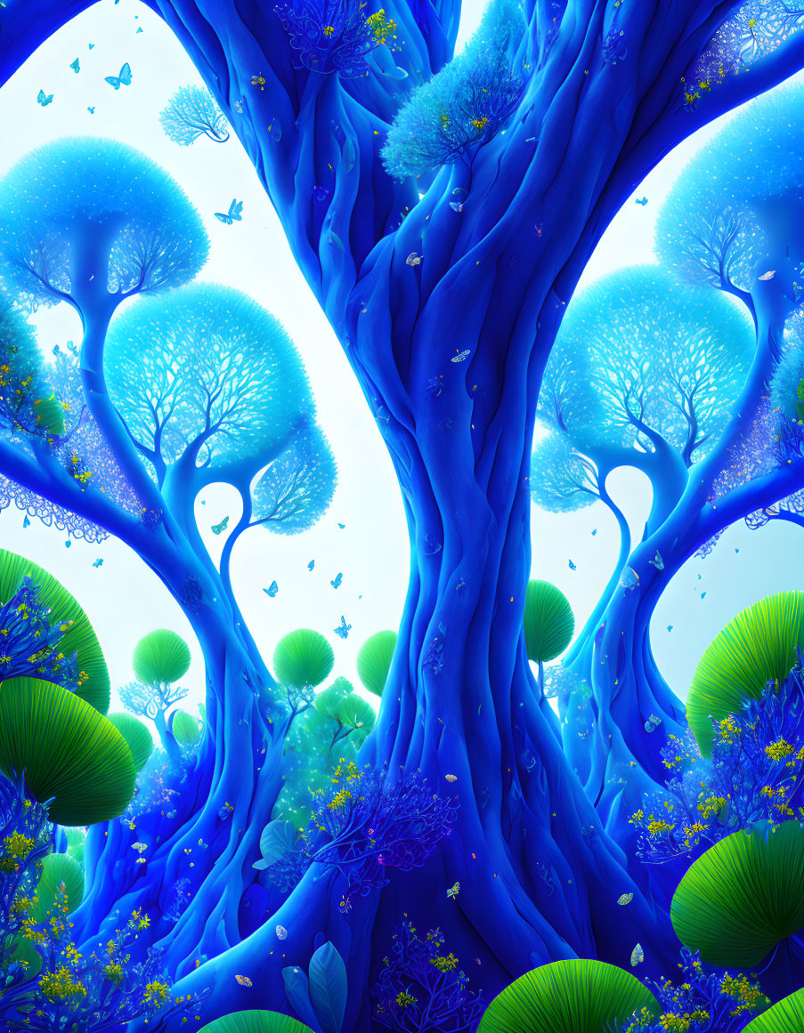 Mystical blue forest with luminous trees and butterflies