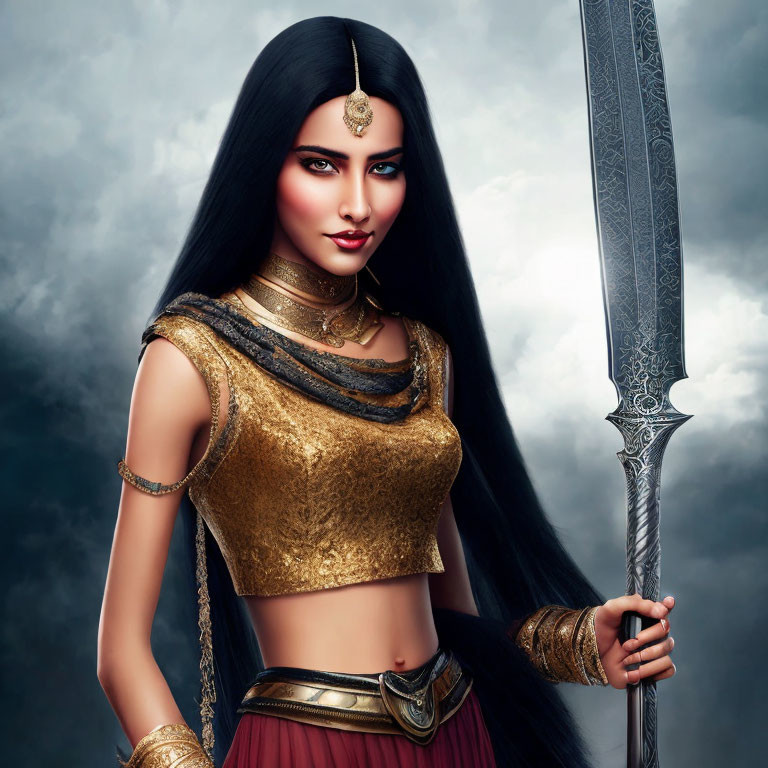 Fierce woman with long black hair and sword in golden attire against stormy sky