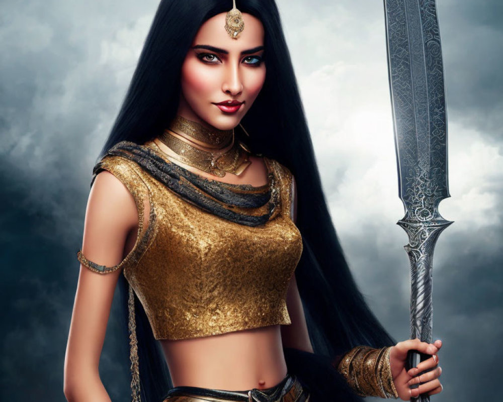 Fierce woman with long black hair and sword in golden attire against stormy sky