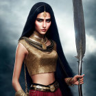 Fierce woman with long black hair and sword in golden attire against stormy sky