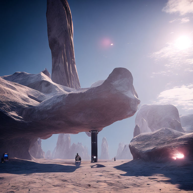 Futuristic landscape with towering rock formations and glowing orbs