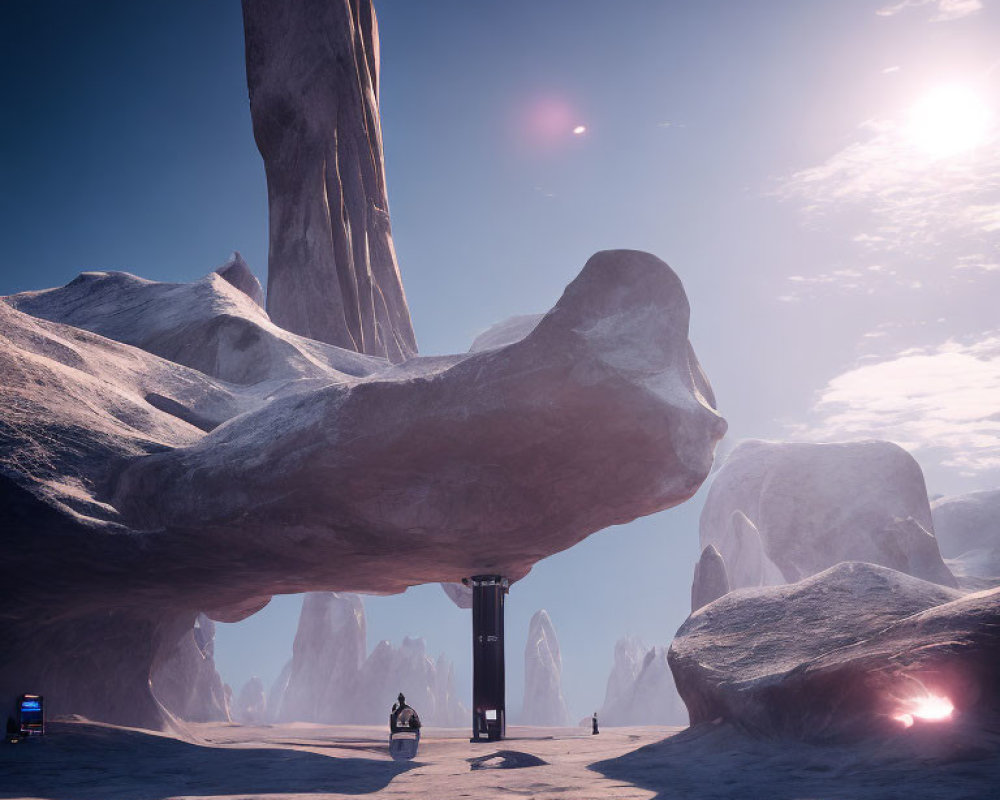 Futuristic landscape with towering rock formations and glowing orbs