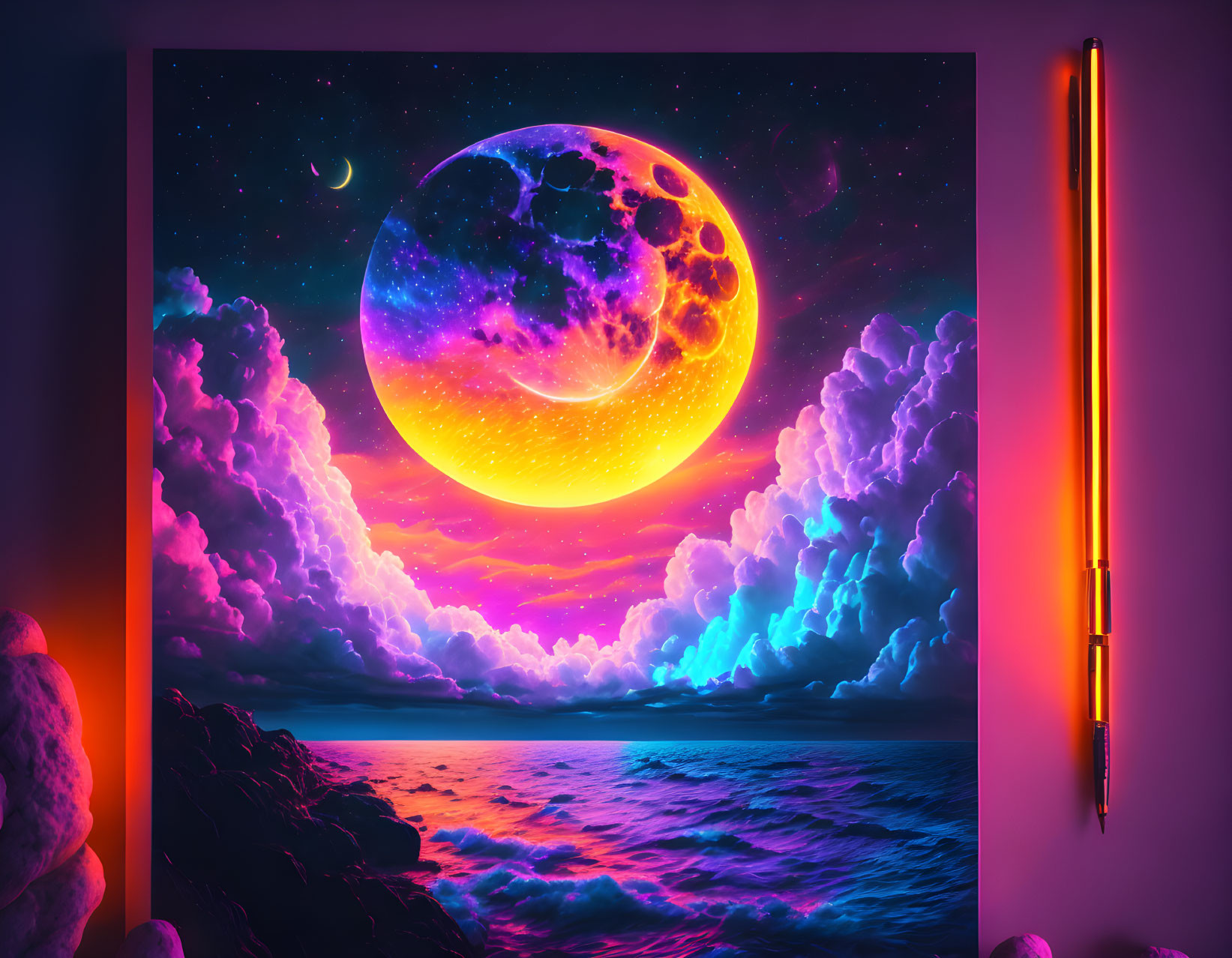 Colorful Moon Overlooking Surreal Ocean Scene with Neon Accents