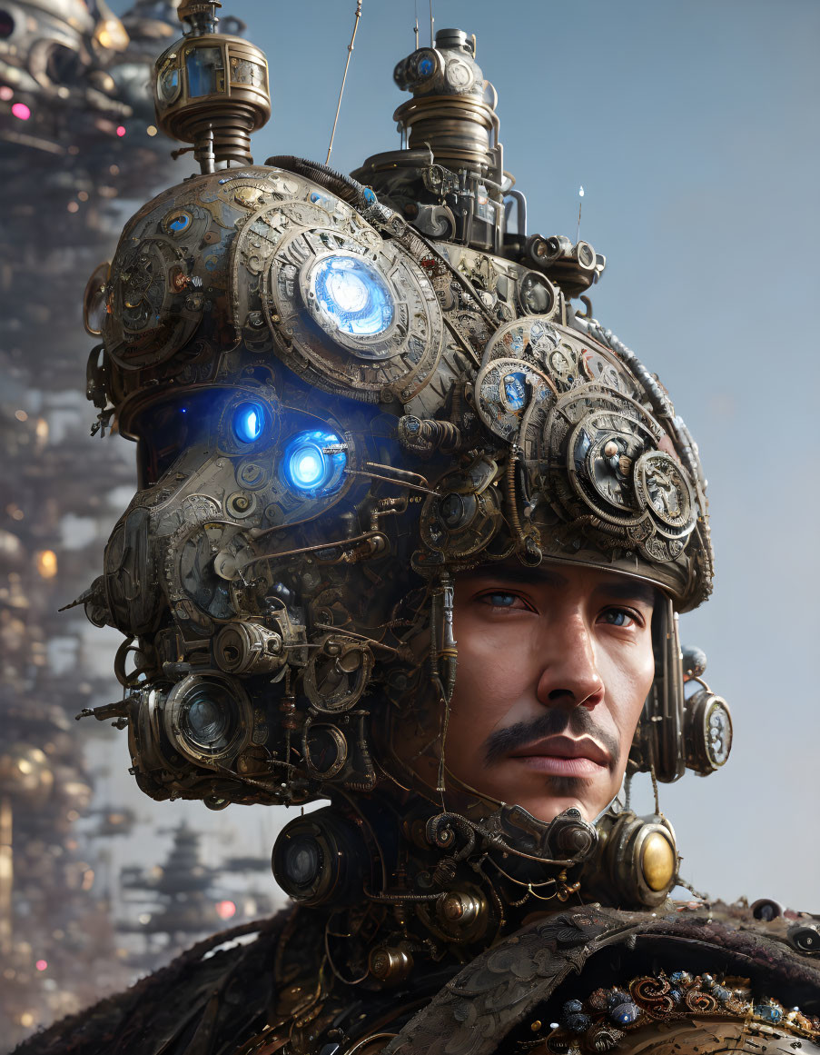 Futuristic man wearing ornate steampunk helmet with gears and blue lights