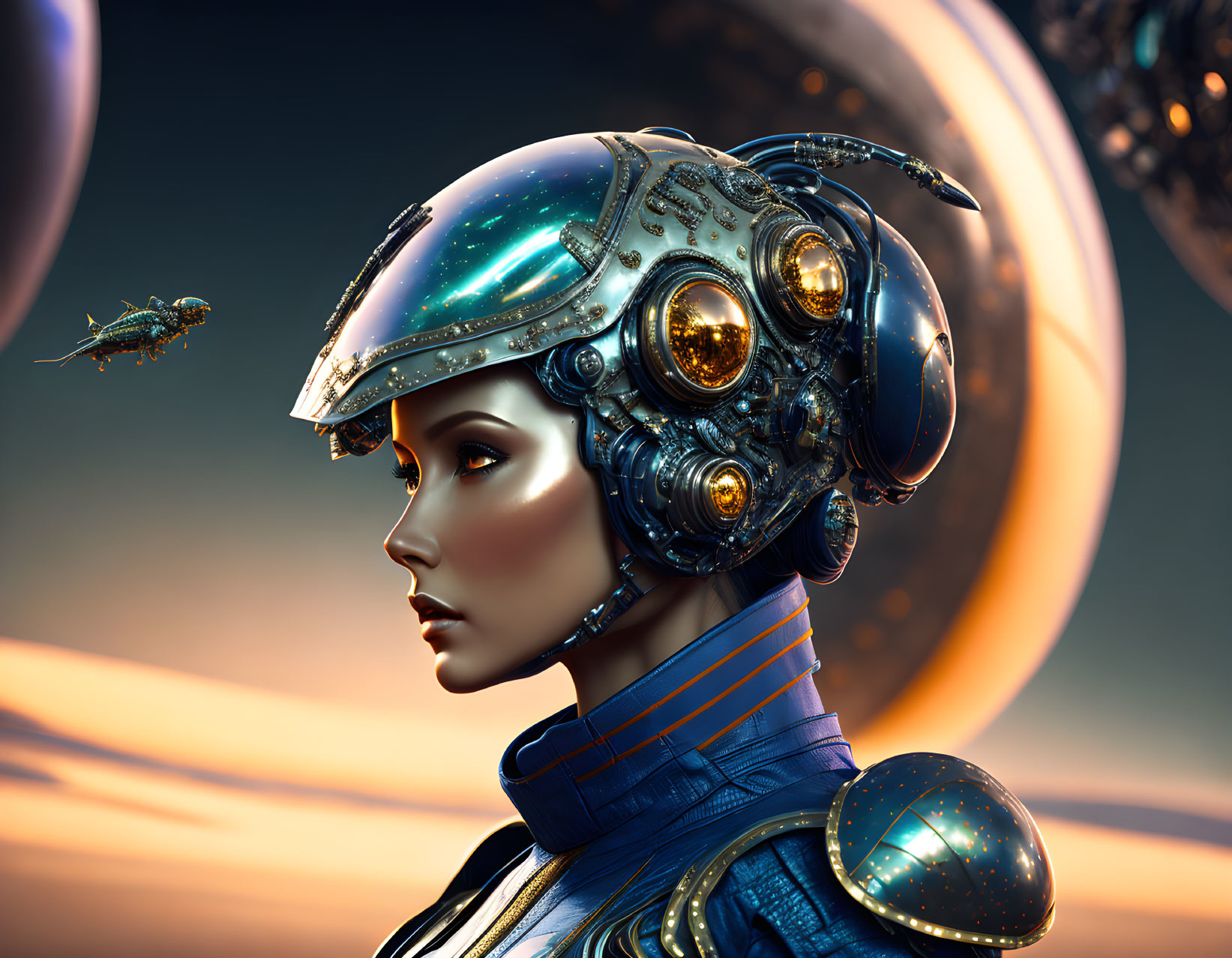 Futuristic female figure in space helmet and armored suit with distant planets and spacecraft.