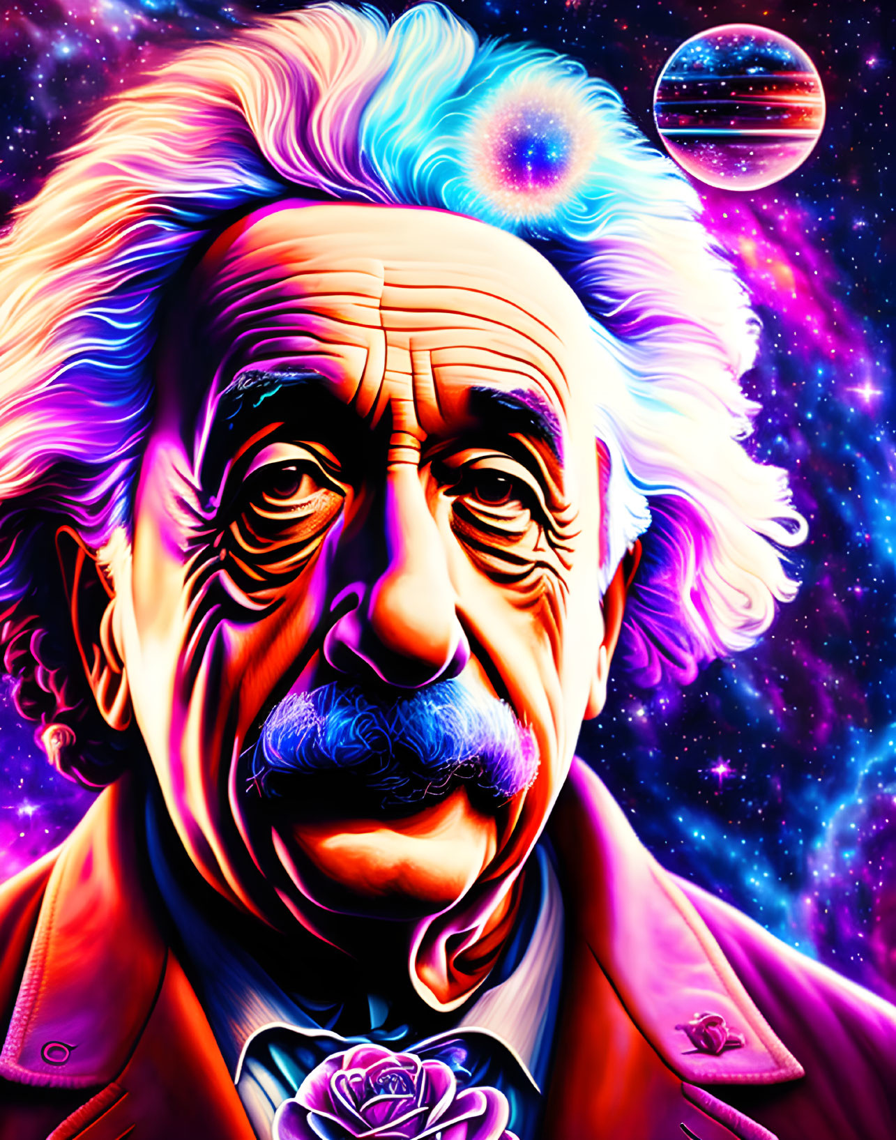 Vivid Psychedelic Artwork Featuring Albert Einstein with Space and Floral Elements