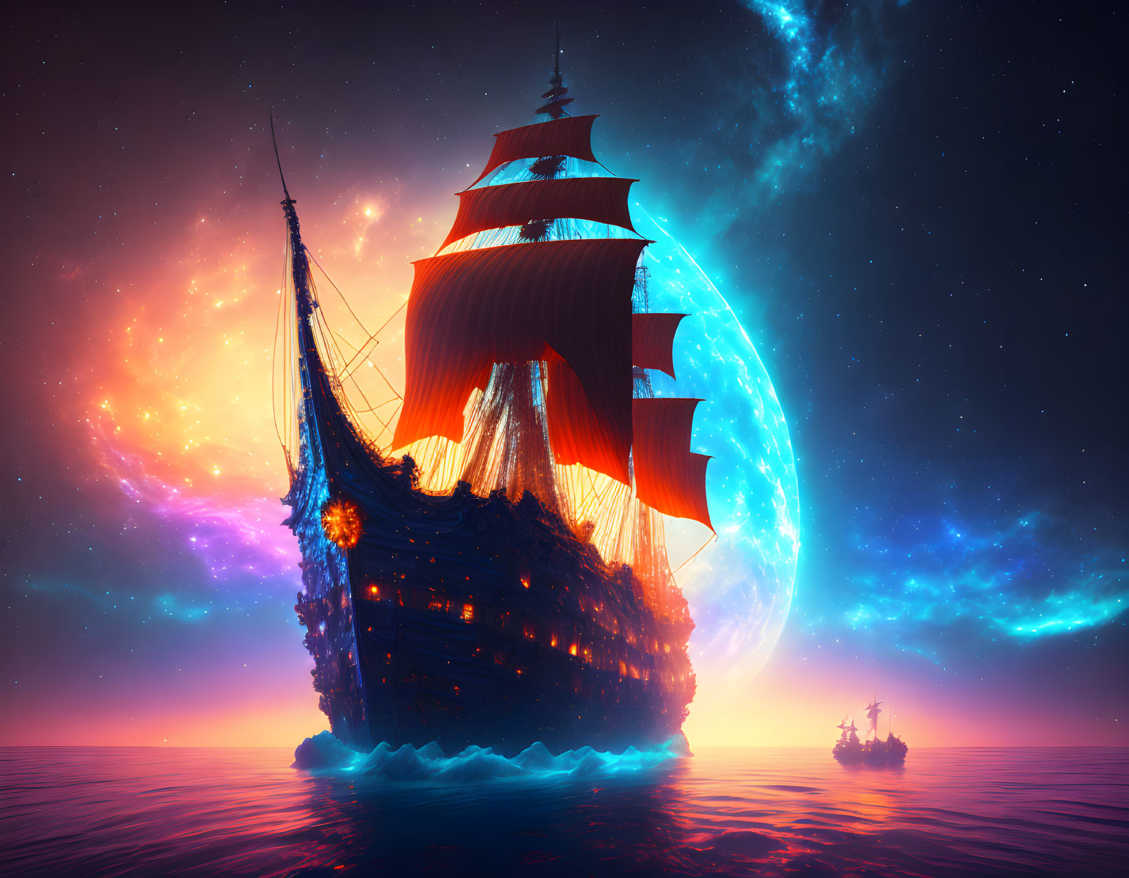 Vintage sailing ship under cosmic sky with planet and stars