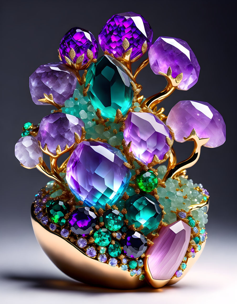 Gemstone Tree Sculpture with Amethysts, Emeralds, and Crystals on Gold-Tone