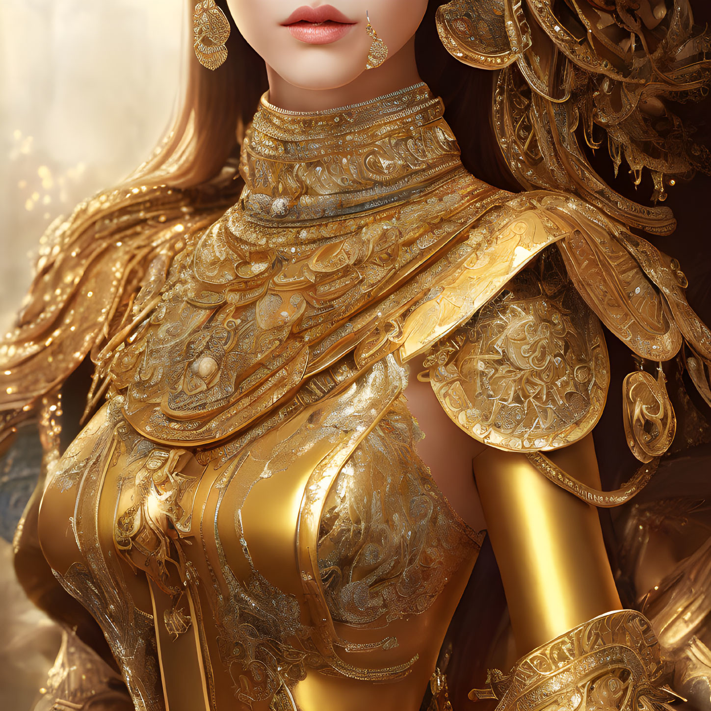 Detailed Close-Up of Woman in Ornate Golden Armor with Engravings