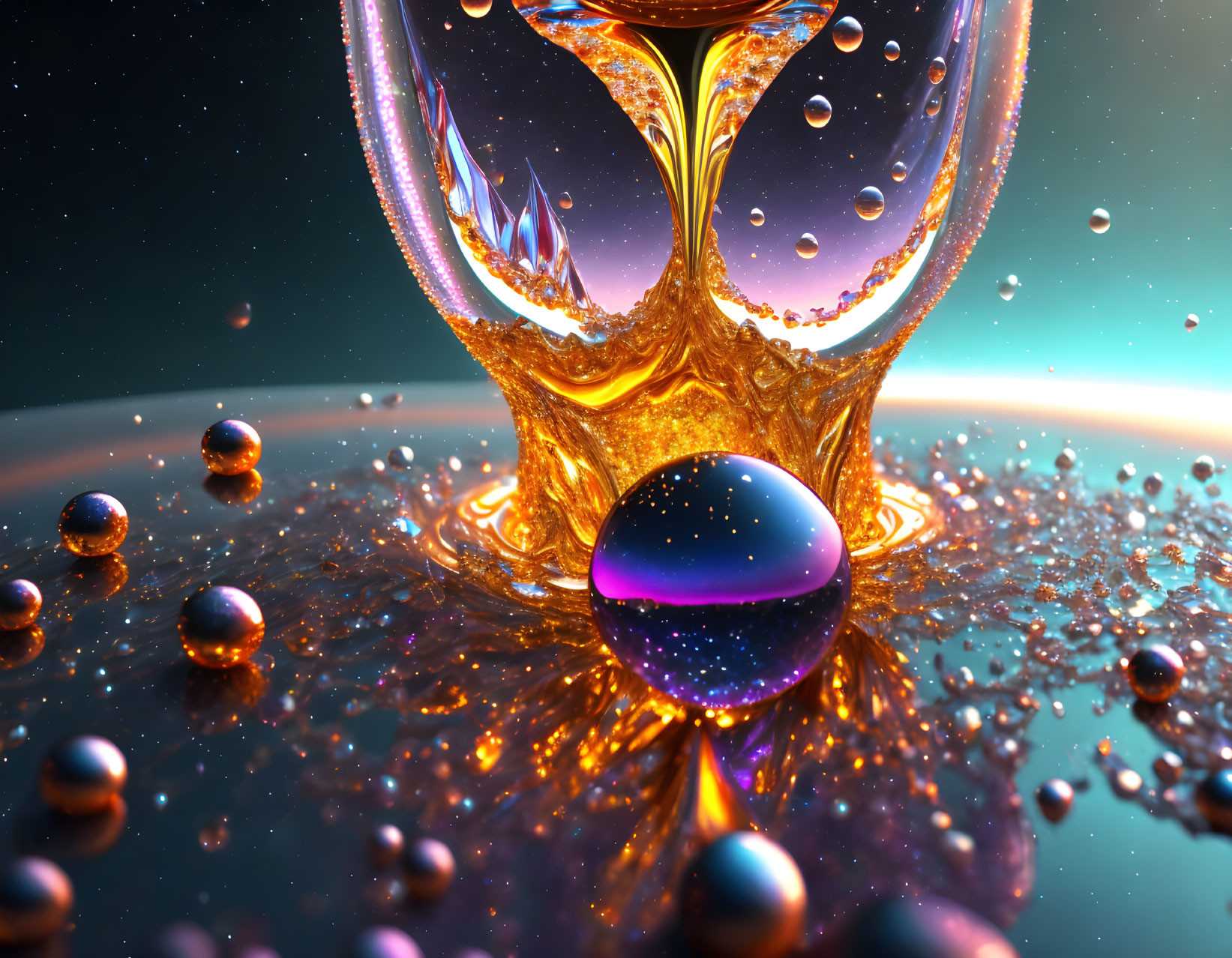 Abstract digital artwork: Liquid gold splash with cosmic starfield texture