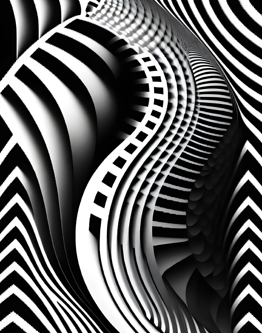 Monochrome optical illusion with spiraling tunnel pattern