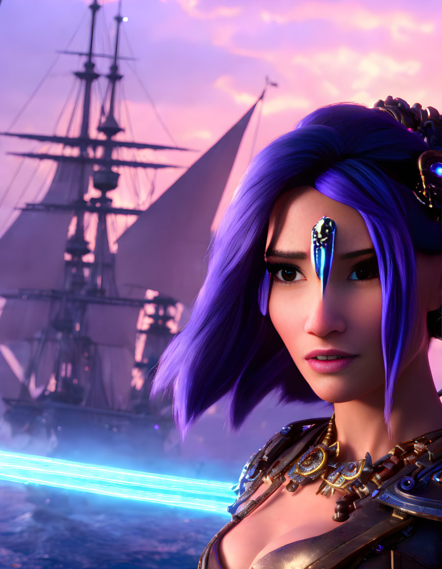 Blue-haired female animated character with jewel, holding glowing sword, ship in background