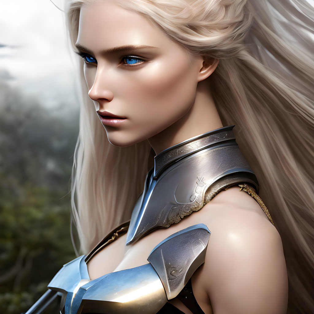 Digital Art: Woman with Blue Eyes in Silver Armor & White Hair