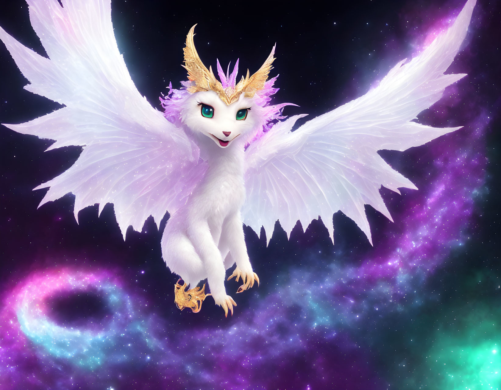 White creature with angelic wings and golden crown in cosmic scene