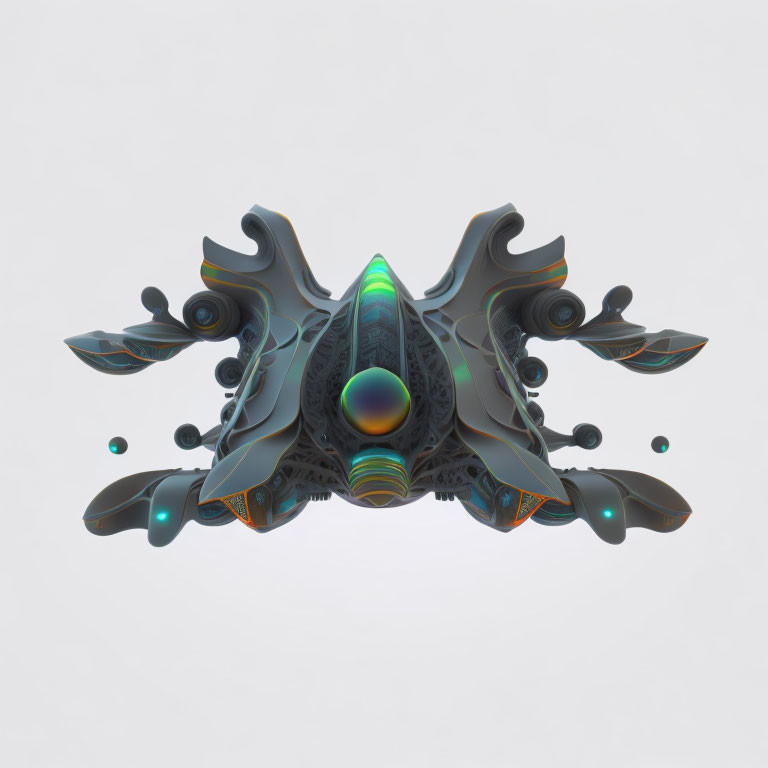 Symmetrical Abstract 3D Object in Gray and Turquoise with Luminous Orb and Patterns