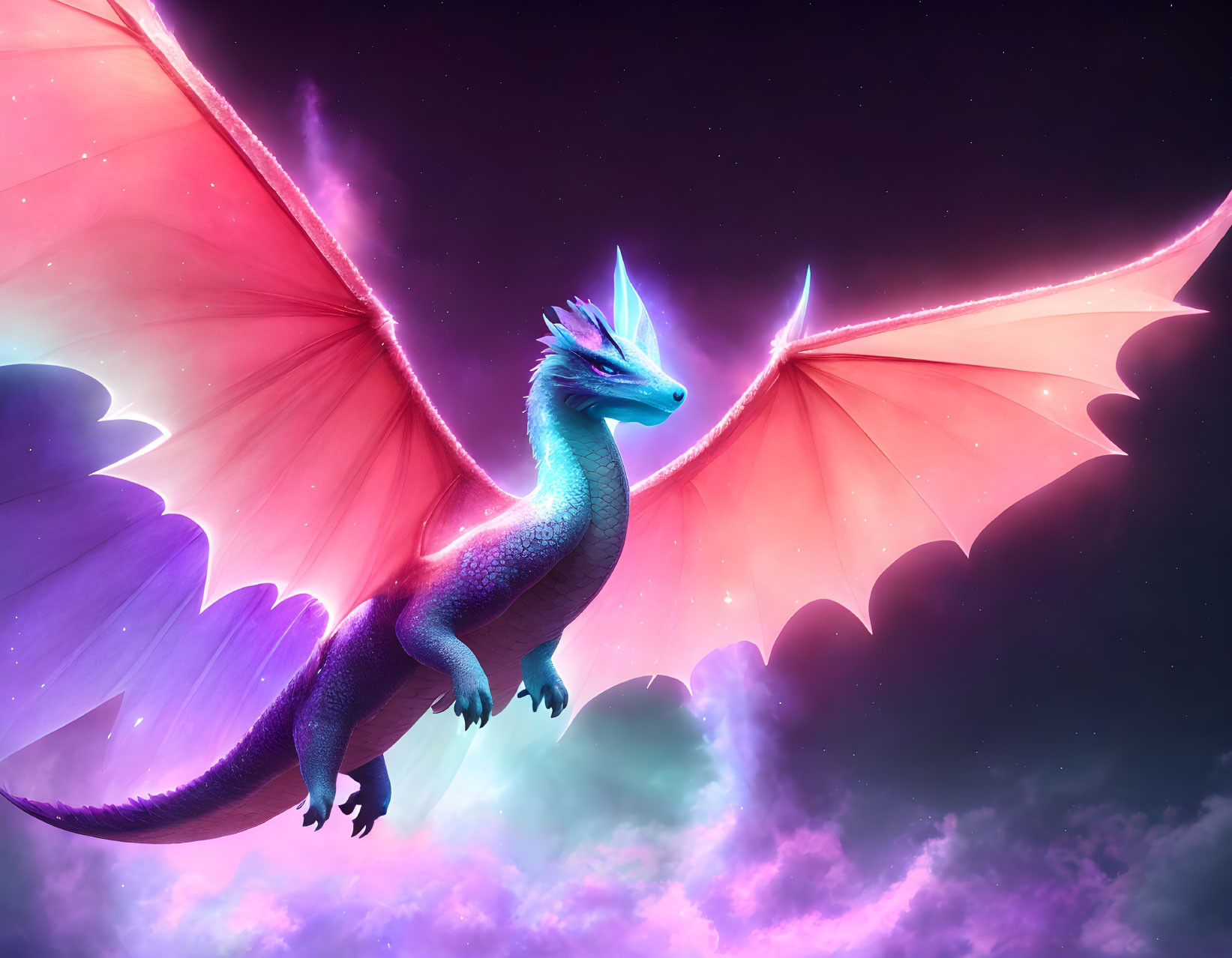 Majestic blue dragon with pink wings flying in vibrant nebula sky