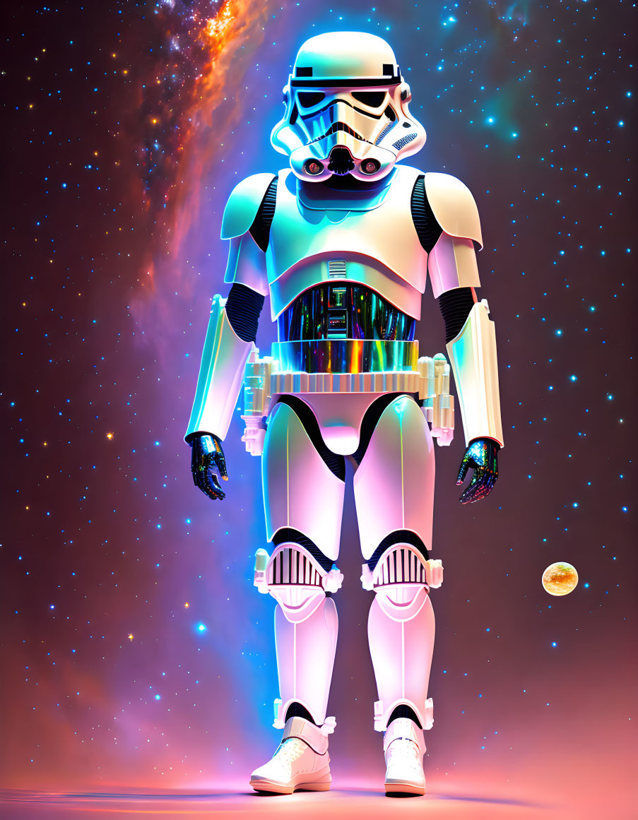 Stormtrooper in sneakers poses against cosmic stars