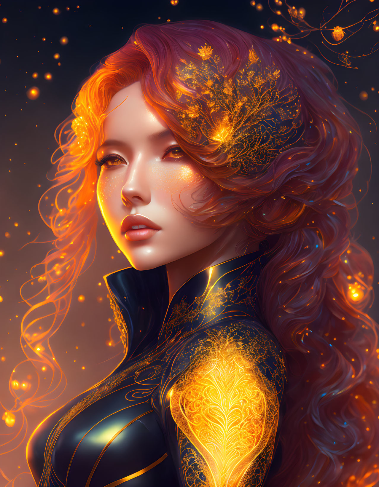 Digital illustration: Woman with glowing orange hair in gold leaf design, dressed in intricate golden and black outfit