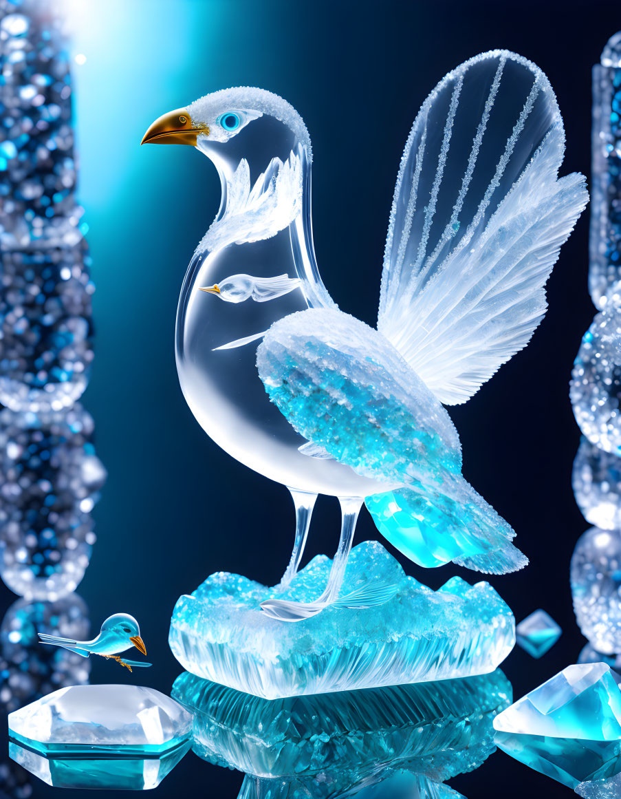 Crystal-themed artwork: Seagulls on icy surfaces with blue gemstones