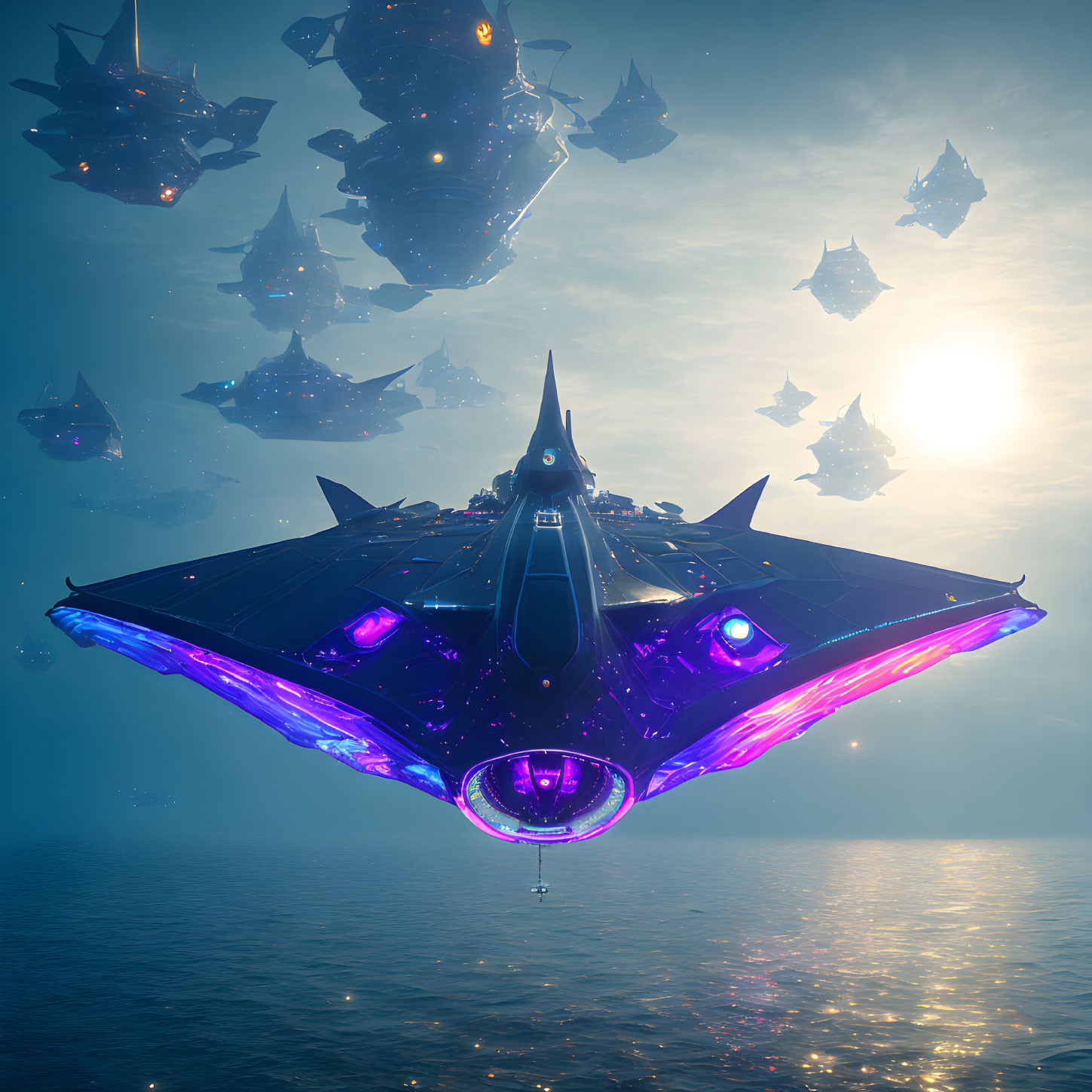 Futuristic spaceships with purple engines in celestial atmosphere