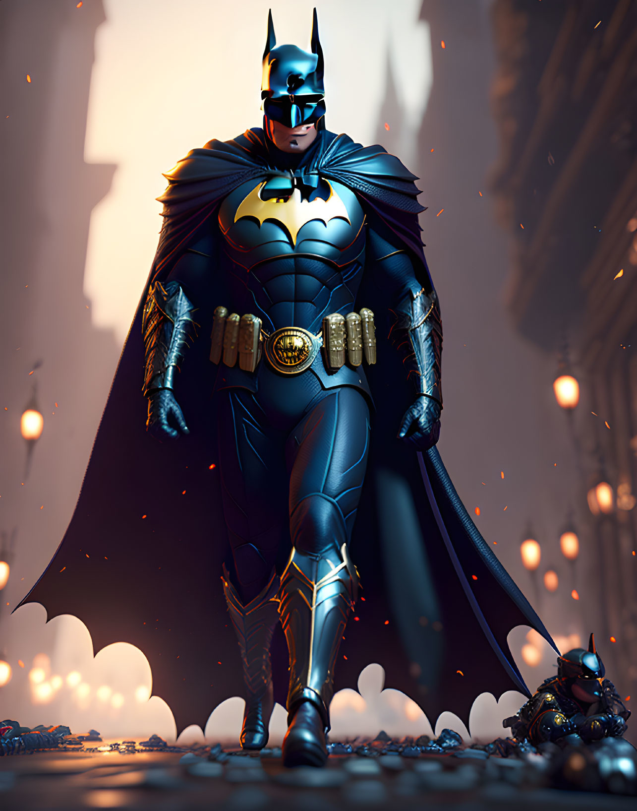 Superhero in Black and Gray Costume with Bat Emblem in Dramatic Setting