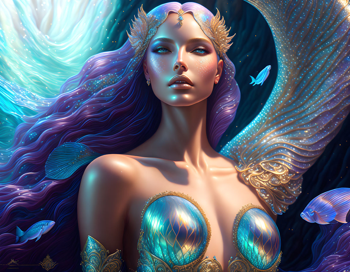 Mermaid fantasy illustration with flowing hair and fish in aquatic setting