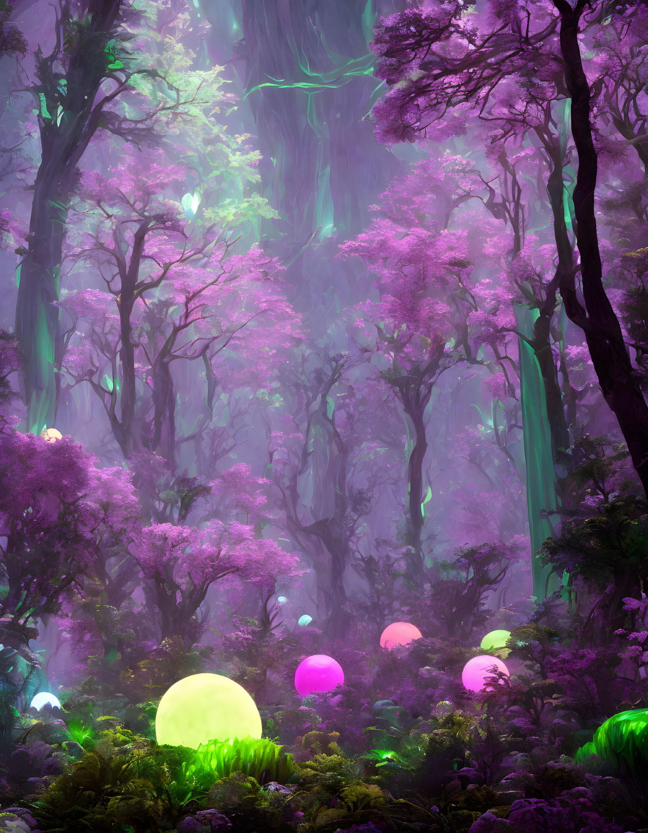 Mystical forest with tall trees, purple foliage, mist, and glowing mushrooms